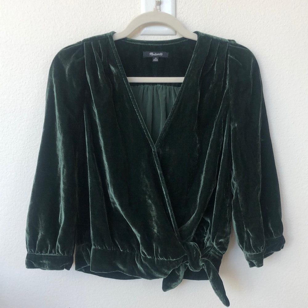 MADEWELL dark green velvet wrap blouse with side tie. Size XS
